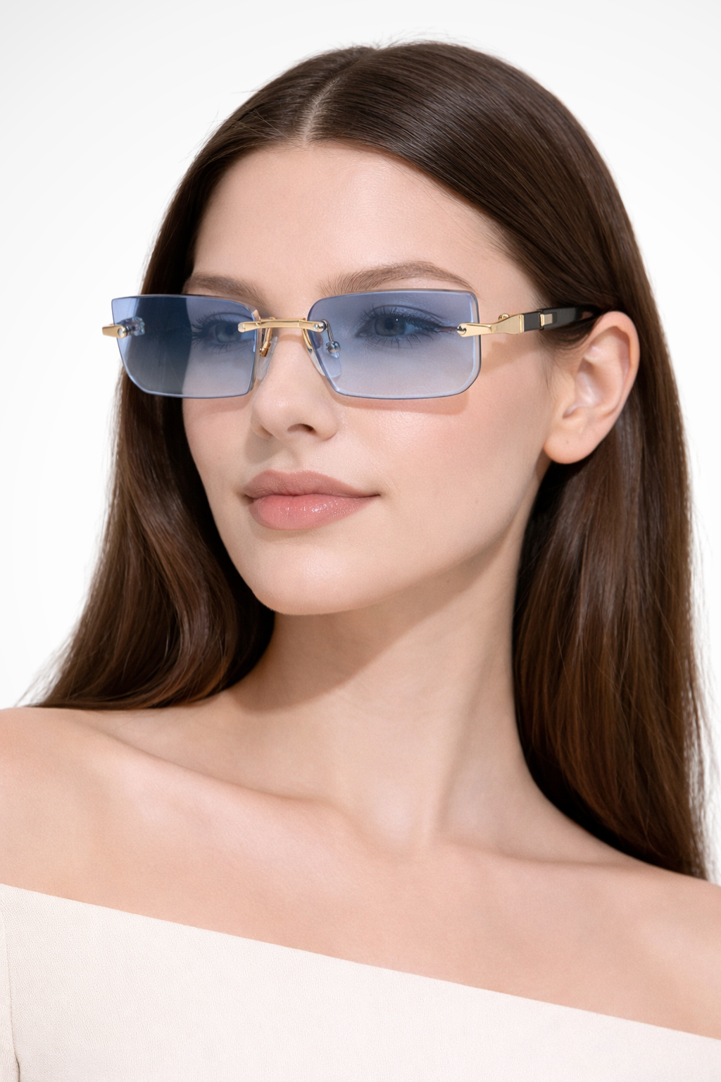 Lunettes de soleil pour femmes sans monture avec verres rectangulaires et pont en métal