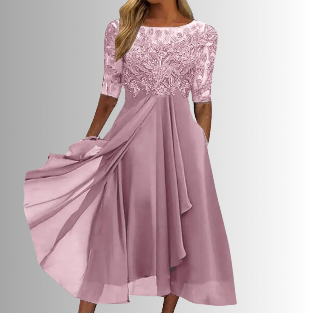 Charlotte | Robe de soirée midi en dentelle pour femmes, robe formelle en chiffon avec manches courtes