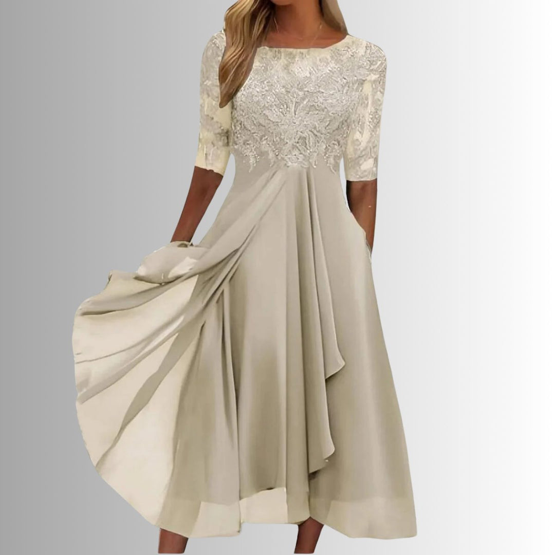Charlotte | Robe de soirée midi en dentelle pour femmes, robe formelle en chiffon avec manches courtes