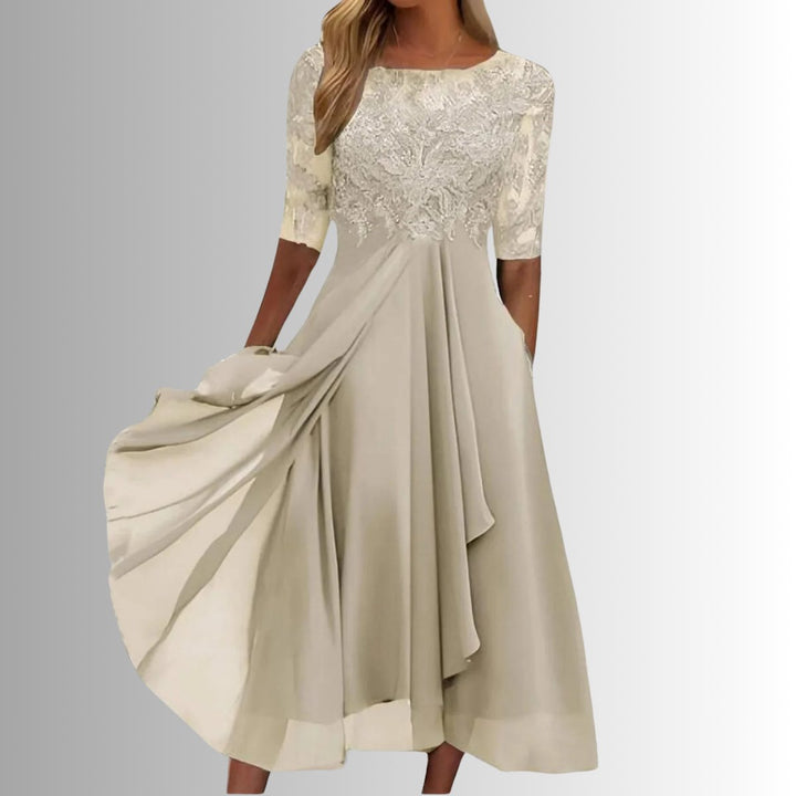Charlotte | Robe de soirée midi en dentelle pour femmes, robe formelle en chiffon avec manches courtes