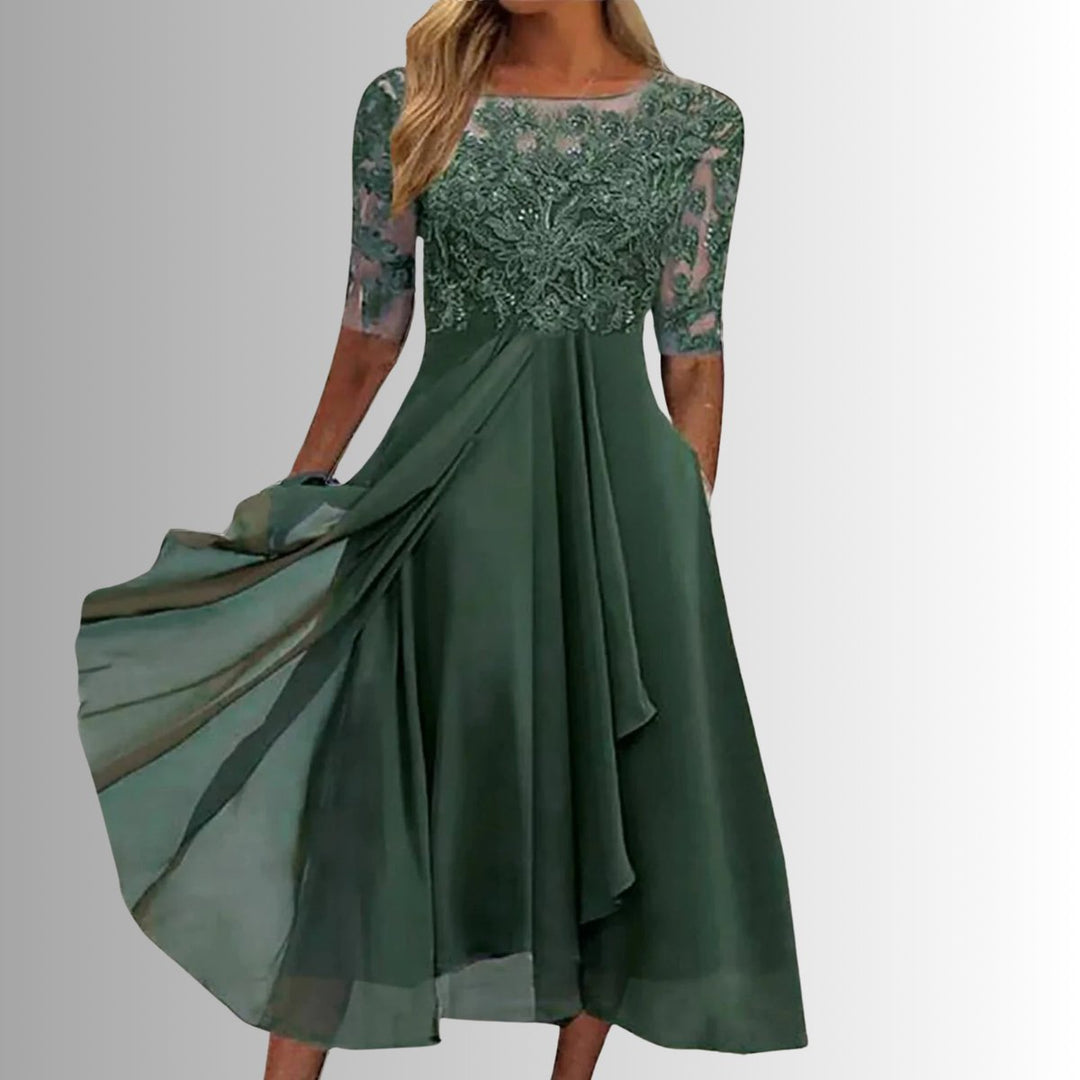 Charlotte | Robe de soirée midi en dentelle pour femmes, robe formelle en chiffon avec manches courtes