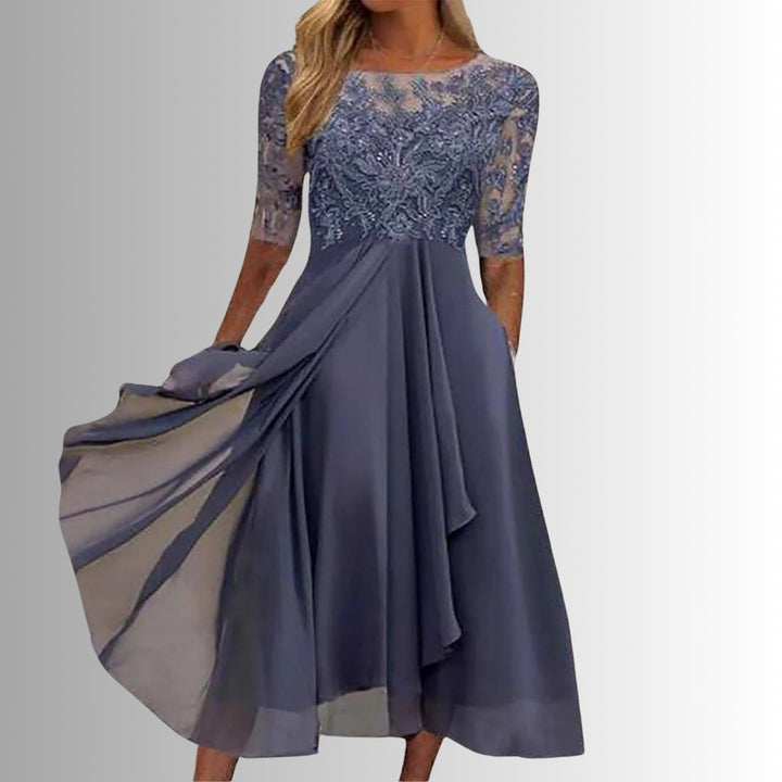 Charlotte | Robe de soirée midi en dentelle pour femmes, robe formelle en chiffon avec manches courtes