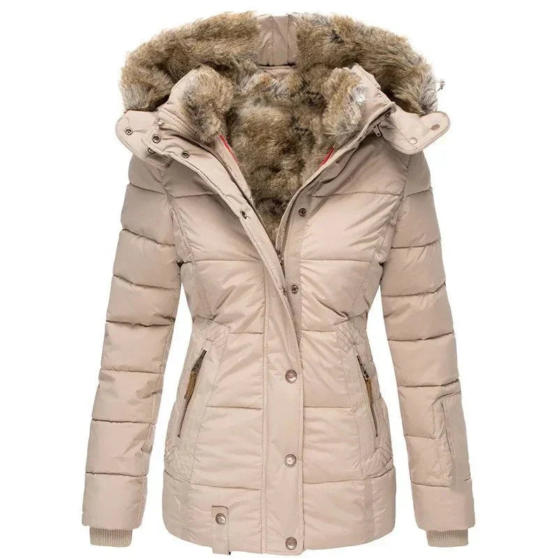 Veste matelassée pour femmes avec capuche en fausse fourrure et fermeture éclair