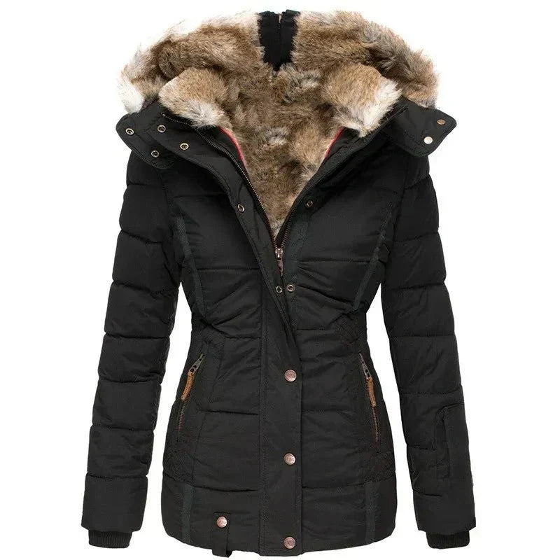Veste matelassée pour femmes avec capuche en fausse fourrure et fermeture éclair