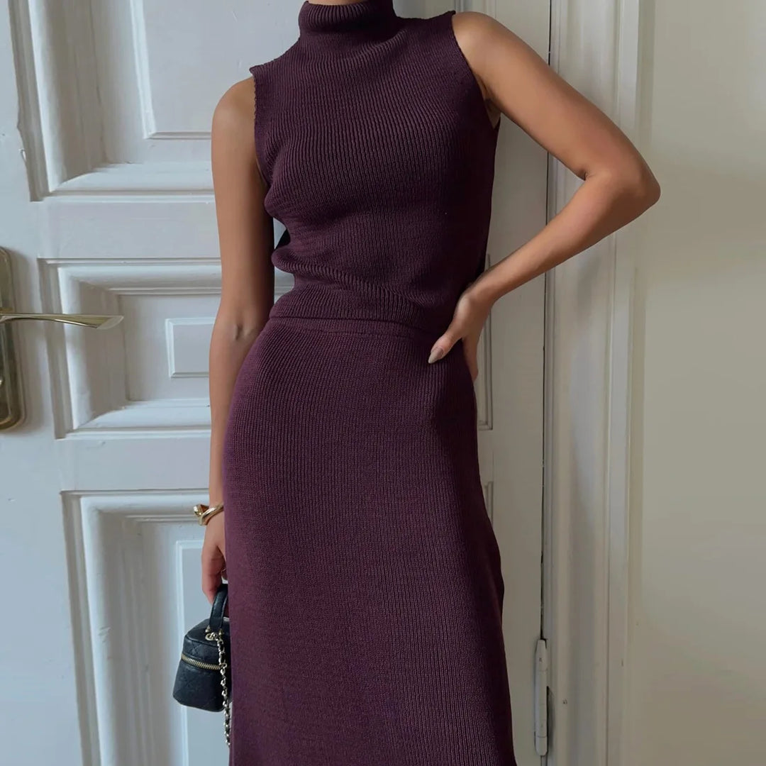 Ensemble tricot femme avec top sans manches col roulé et jupe maxi