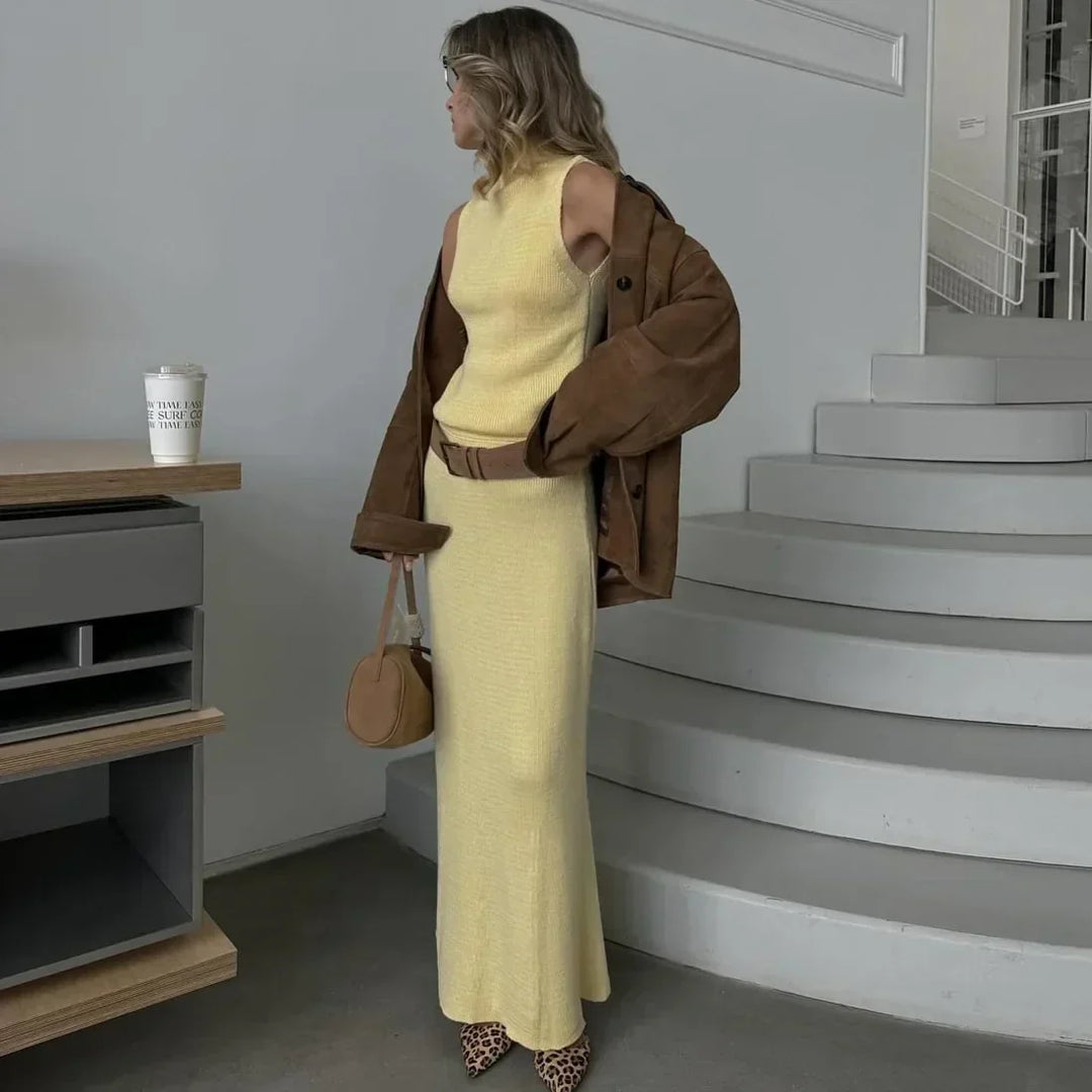 Ensemble Tricot Femme avec Top sans Manches Col Roulé et Jupe Maxi