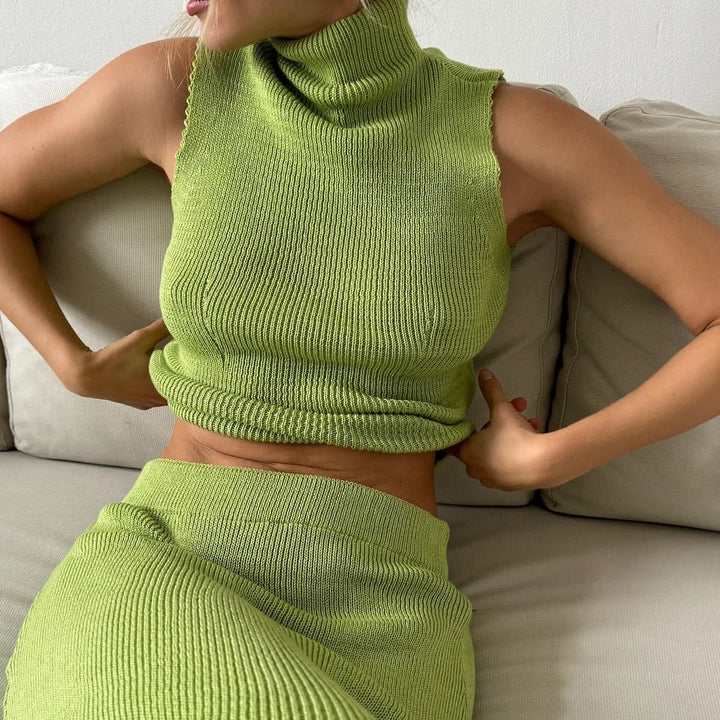 Ensemble Tricot Femme avec Top sans Manches Col Roulé et Jupe Maxi
