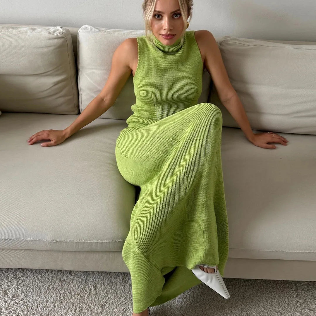 Ensemble Tricot Femme avec Top sans Manches Col Roulé et Jupe Maxi