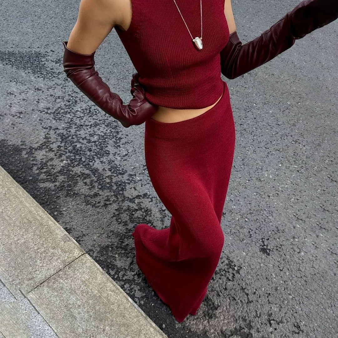 Ensemble Tricot Femme avec Top sans Manches Col Roulé et Jupe Maxi