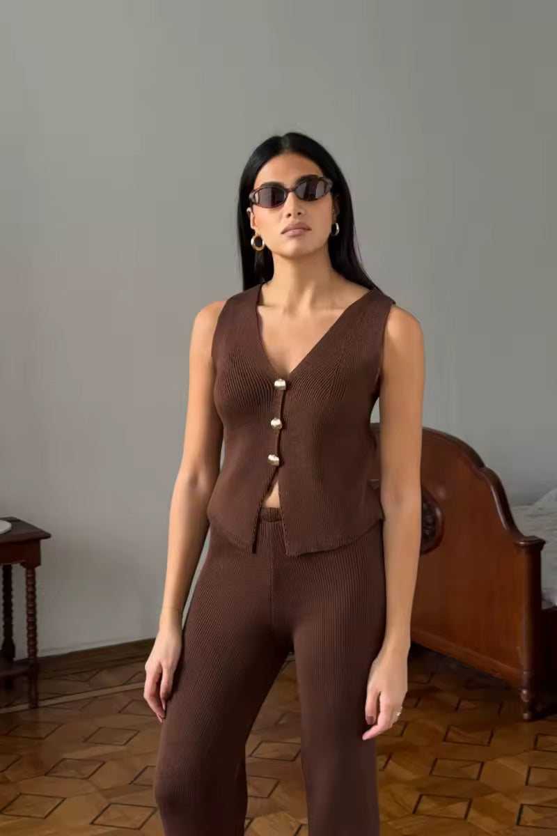 Ensemble Tricot Femme avec Gilet Sans Manches et Pantalon Largement Évasé