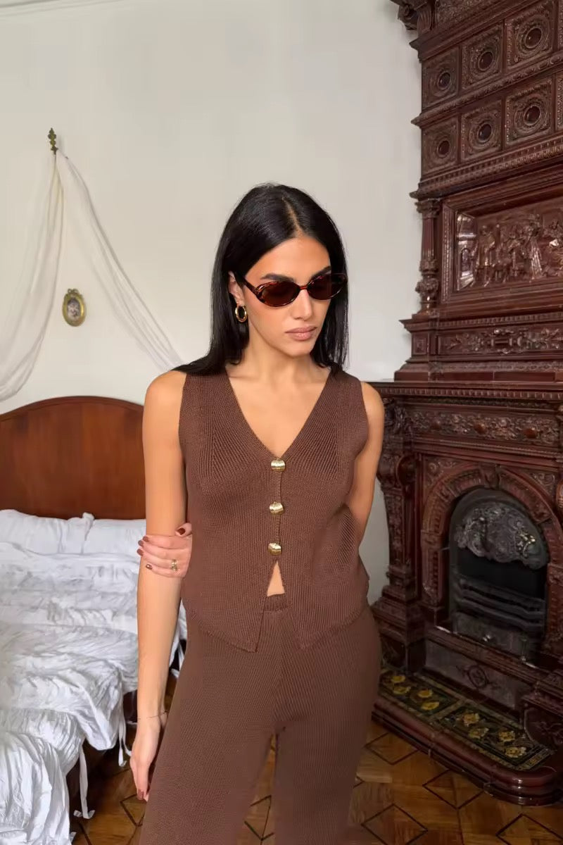 Ensemble Tricot Femme avec Gilet Sans Manches et Pantalon Largement Évasé