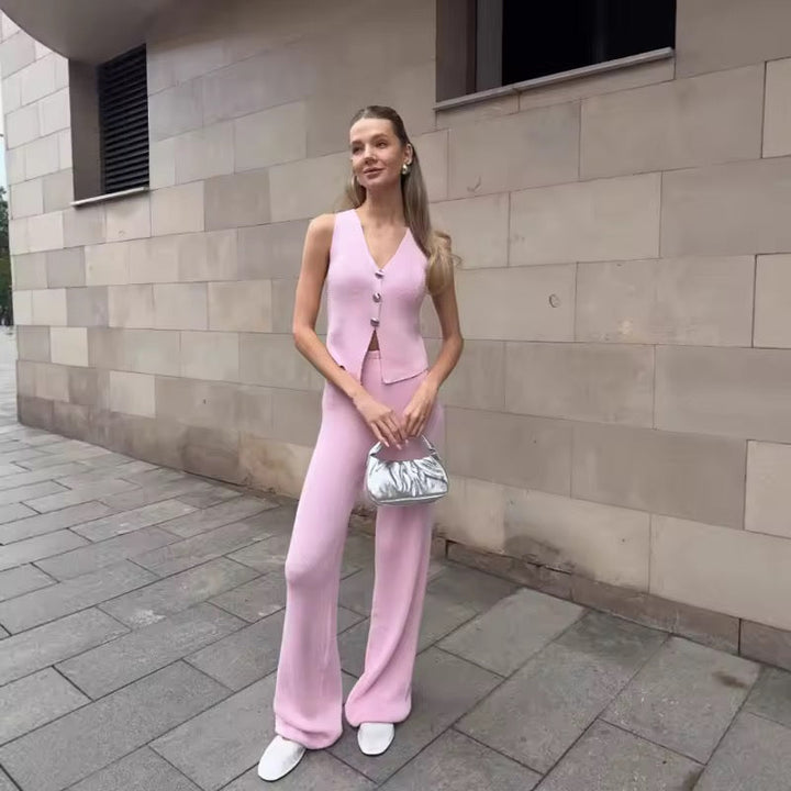 Ensemble Tricot Femme avec Gilet Sans Manches et Pantalon Largement Évasé