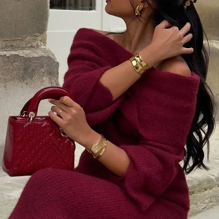 Ensemble tricot femme avec décolleté off-shoulder, manches longues et jupe maxi