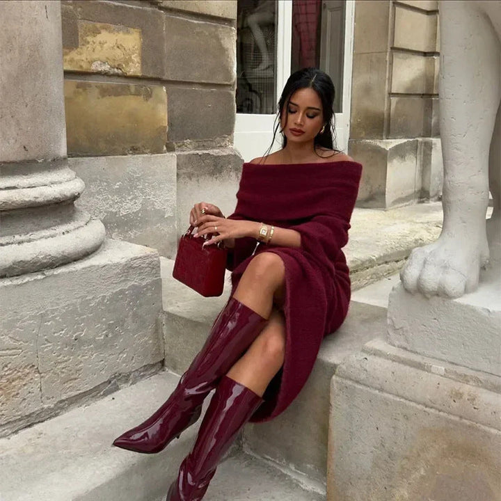 Ensemble tricot femme avec décolleté off-shoulder, manches longues et jupe maxi