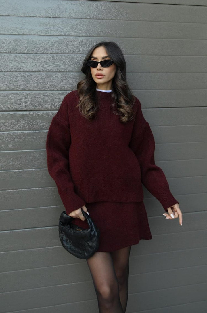 Ensemble Tricot Femme avec Pull Col Rond et Mini Jupe avec Bords Côtelés