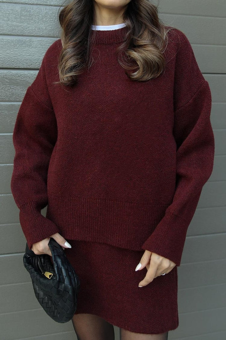 Ensemble Tricot Femme avec Pull Col Rond et Mini Jupe avec Bords Côtelés