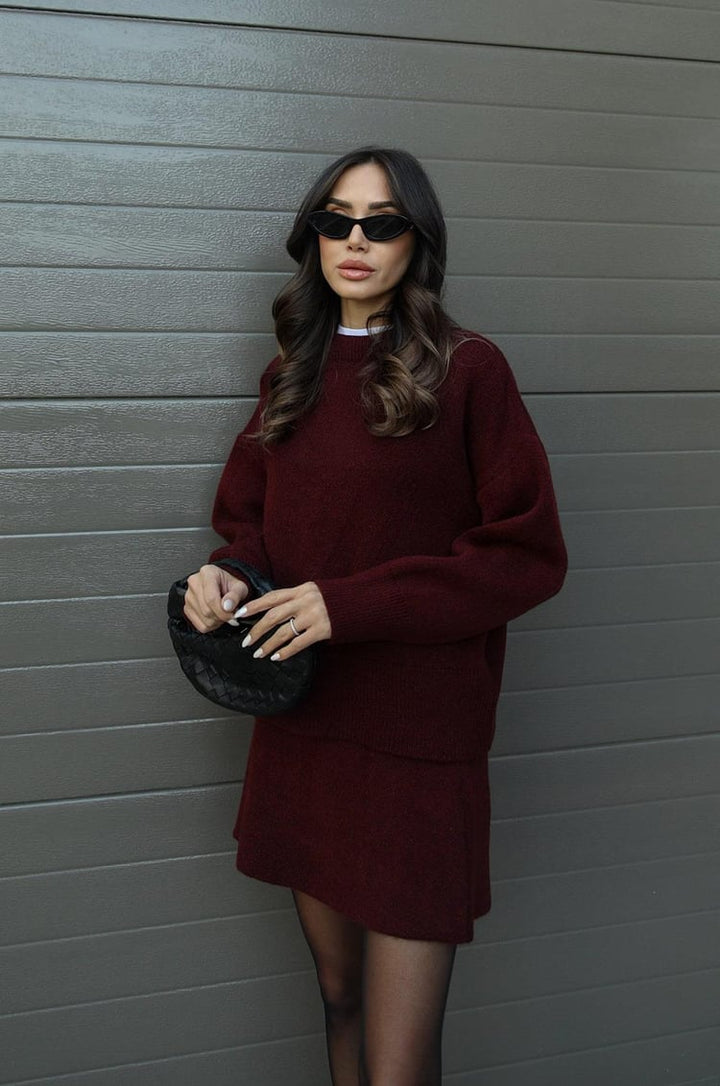 Ensemble Tricot Femme avec Pull Col Rond et Mini Jupe avec Bords Côtelés