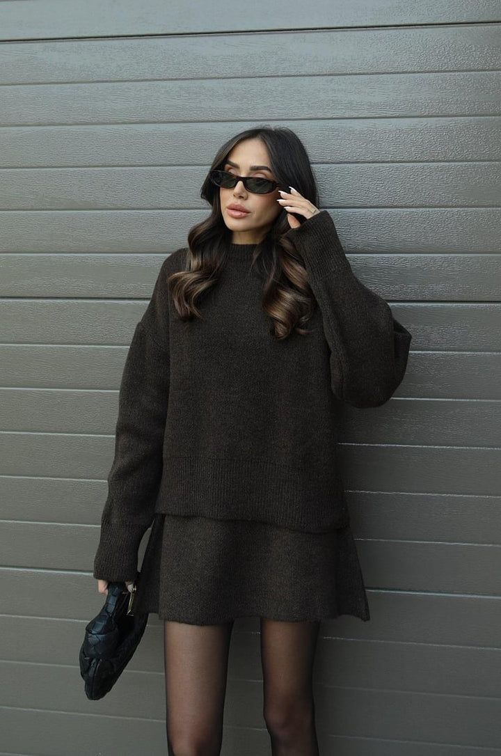 Ensemble Tricot Femme avec Pull Col Rond et Mini Jupe avec Bords Côtelés