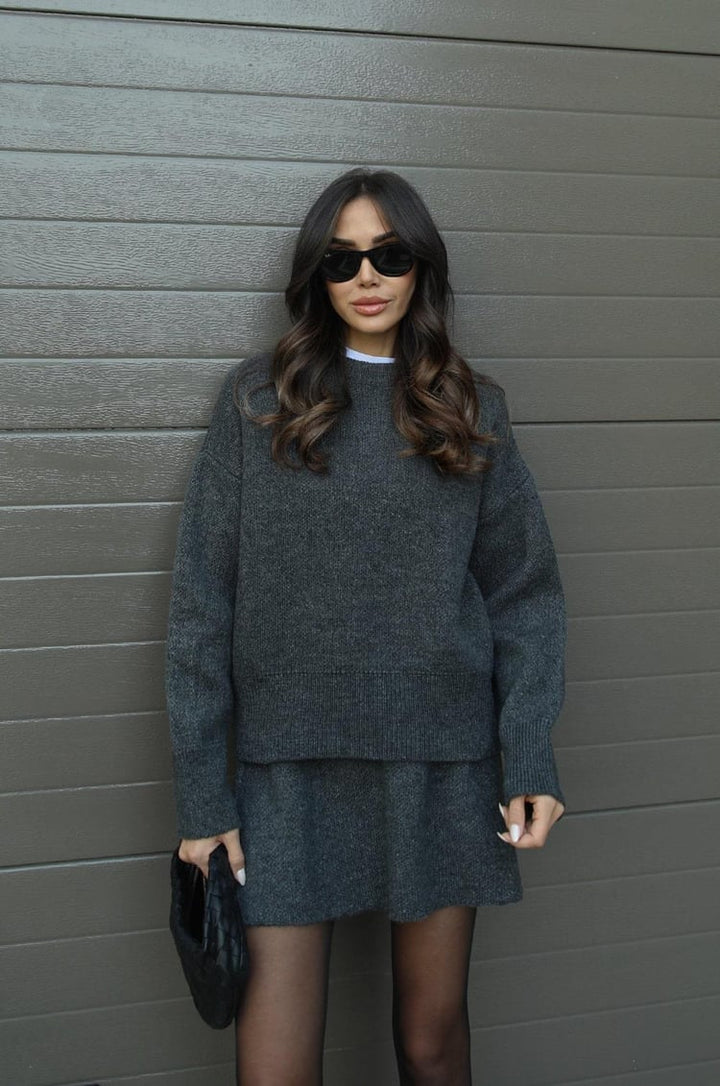 Ensemble Tricot Femme avec Pull Col Rond et Mini Jupe avec Bords Côtelés
