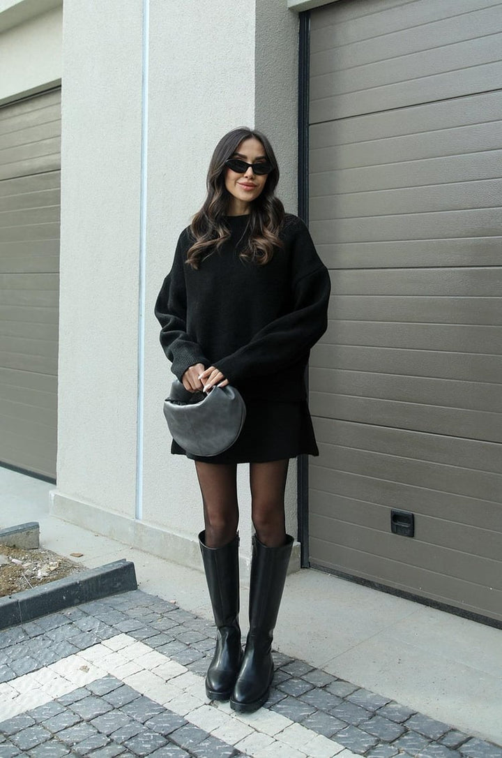Ensemble Tricot Femme avec Pull Col Rond et Mini Jupe avec Bords Côtelés