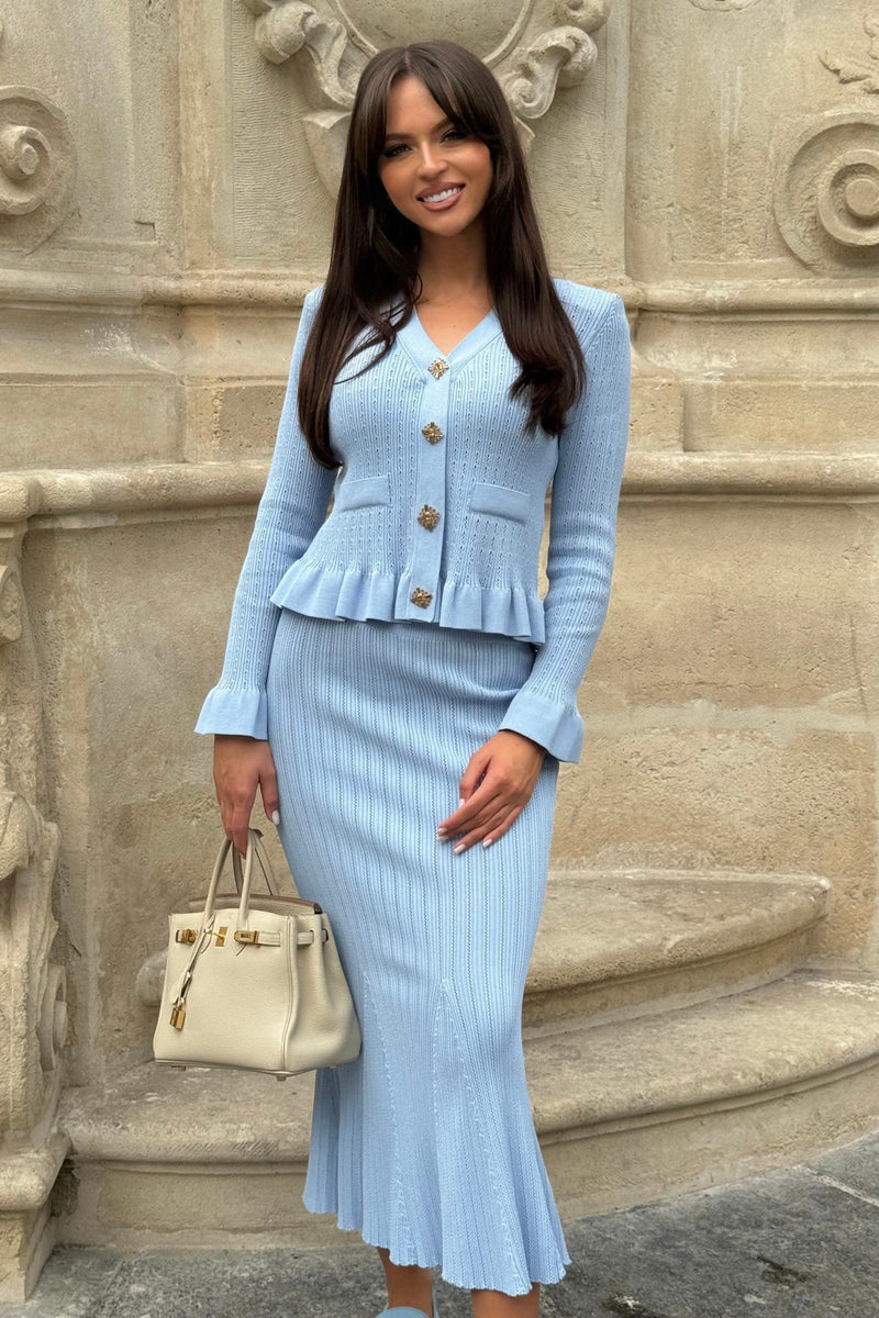 Ensemble tricot pour femmes avec décolleté en V, bas peplum et manches longues