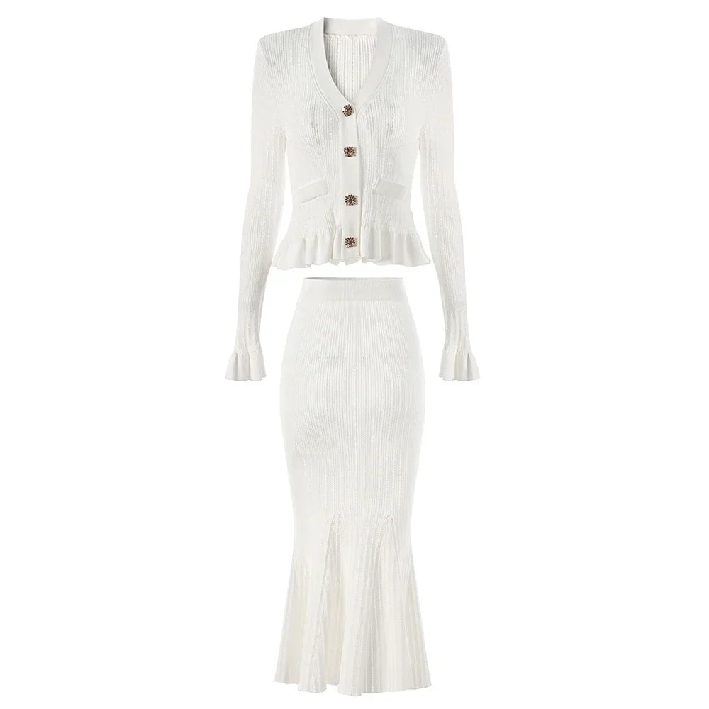 Ensemble tricot pour femmes avec décolleté en V, bas peplum et manches longues