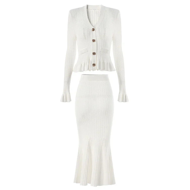 Ensemble tricot pour femmes avec décolleté en V, bas peplum et manches longues