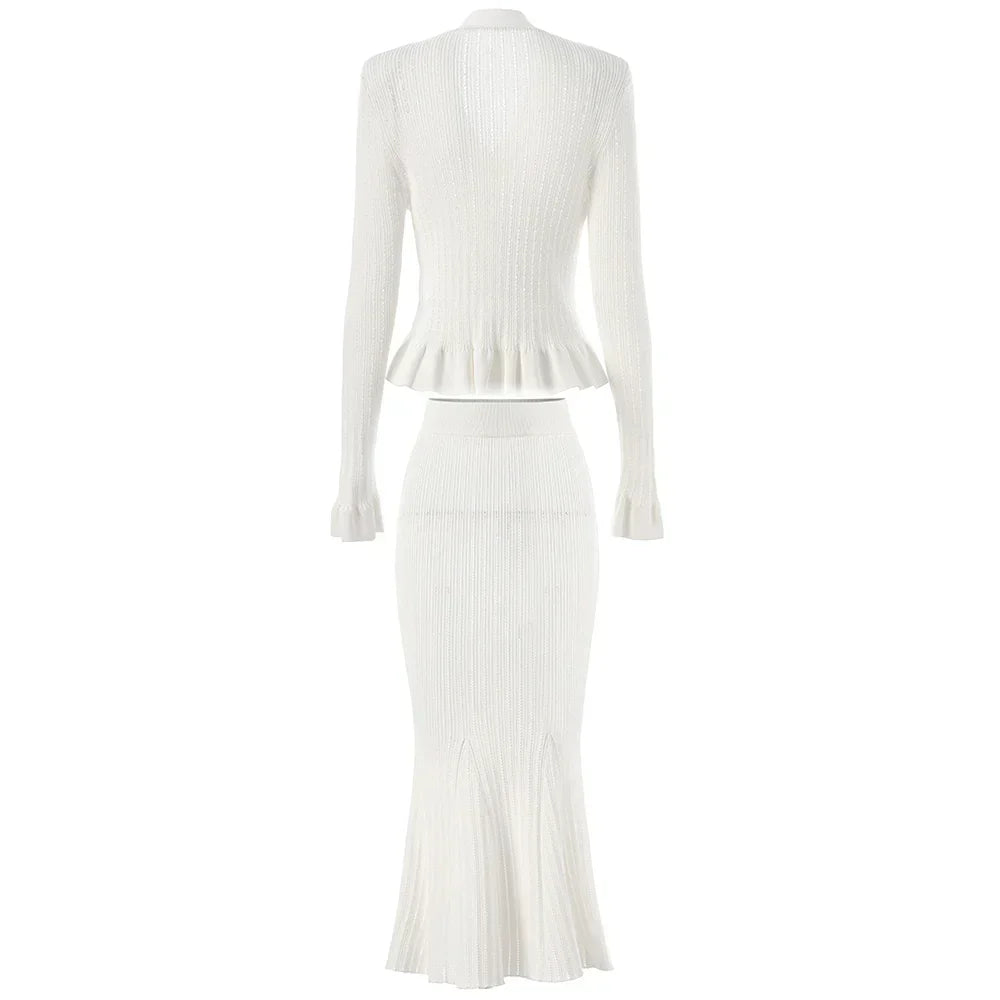 Ensemble tricot pour femmes avec décolleté en V, bas peplum et manches longues