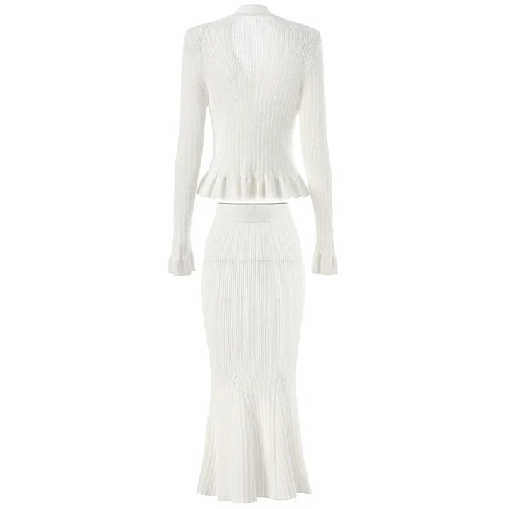 Ensemble tricot pour femmes avec décolleté en V, bas peplum et manches longues