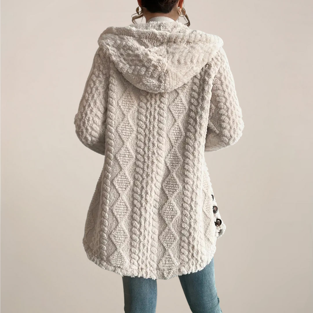 Cardigan pour femmes avec capuche, motif torsadé, patte de boutonnage et manches longues