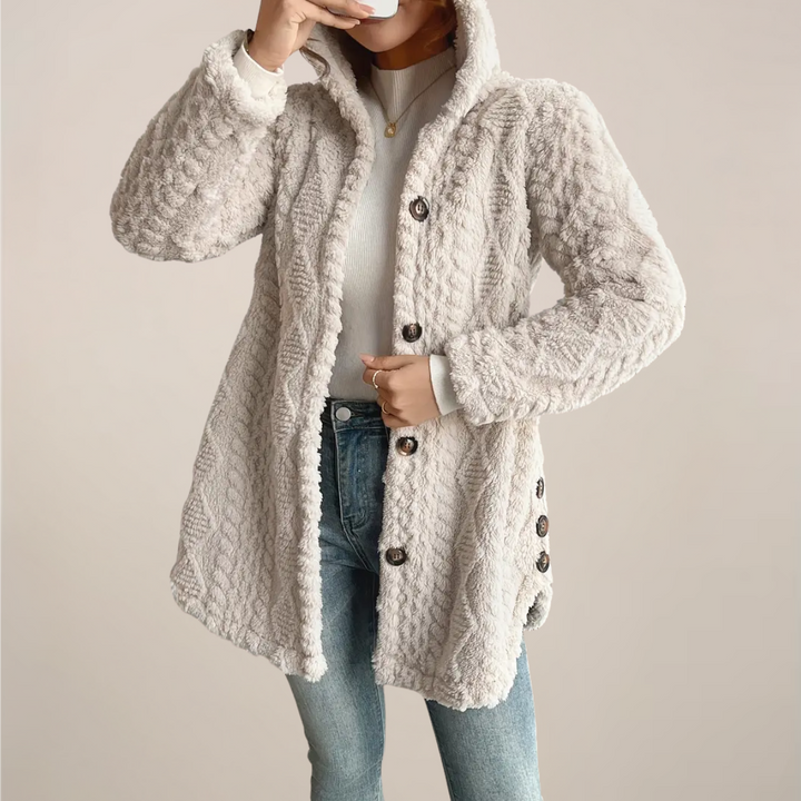 Cardigan pour femmes avec capuche, motif torsadé, patte de boutonnage et manches longues