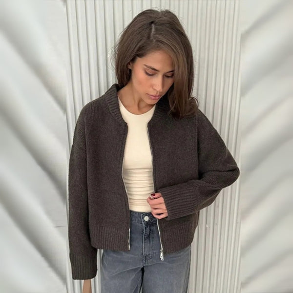 Veste en tricot pour femmes avec fermeture éclair, col montant et manches longues