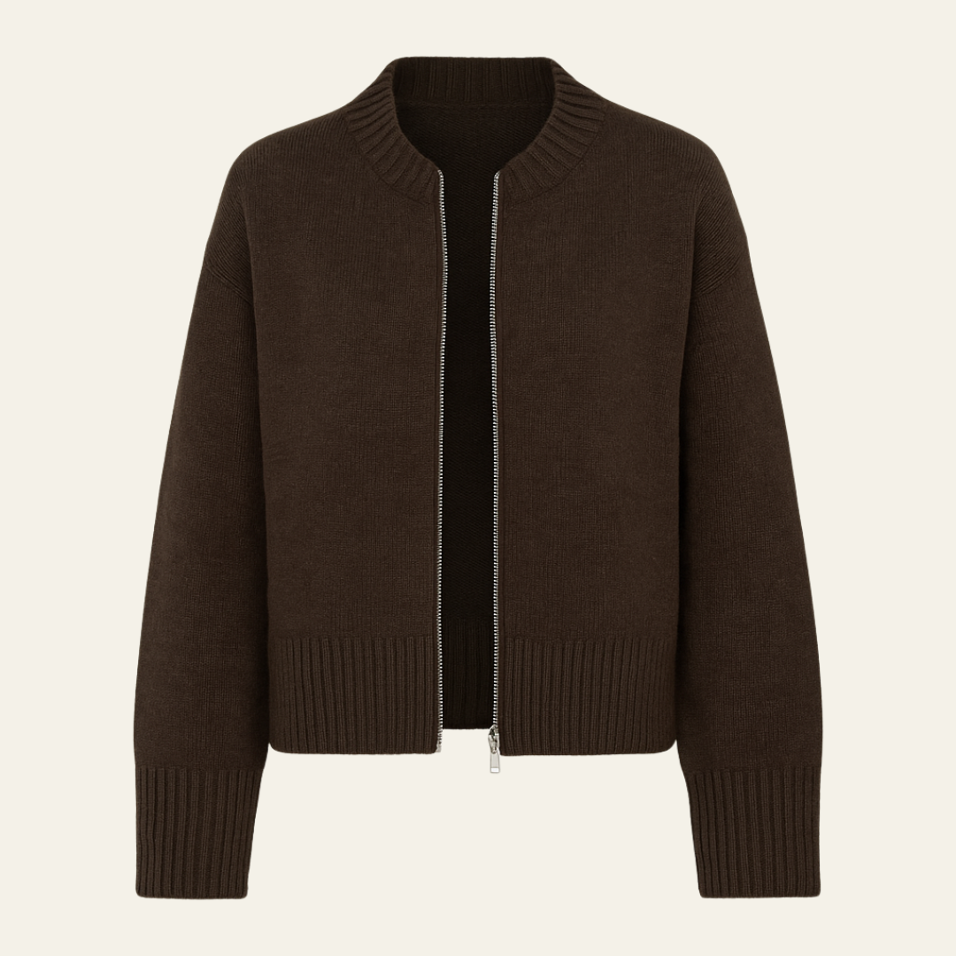 Veste en tricot pour femmes avec fermeture éclair, col montant et manches longues