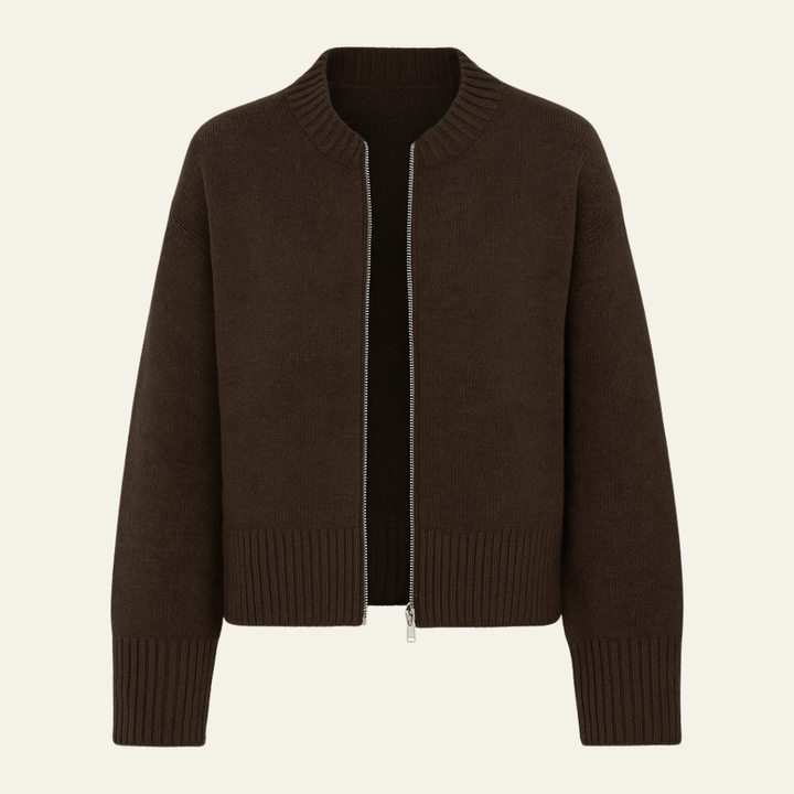 Veste en tricot pour femmes avec fermeture éclair, col montant et manches longues