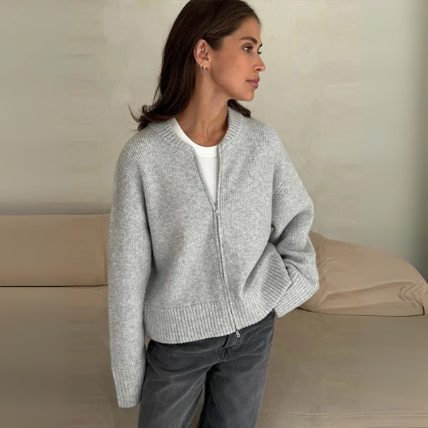 Veste en tricot pour femmes avec fermeture éclair, col montant et manches longues