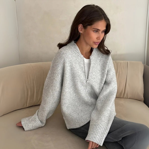 Veste en tricot pour femmes avec fermeture éclair, col montant et manches longues