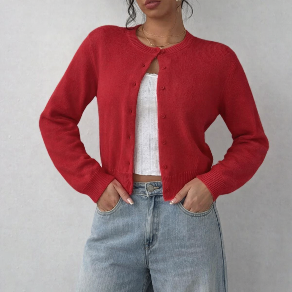 Cardigan pour femmes avec col rond Boutonnage continu Manches longues avec bords côtelés à la taille