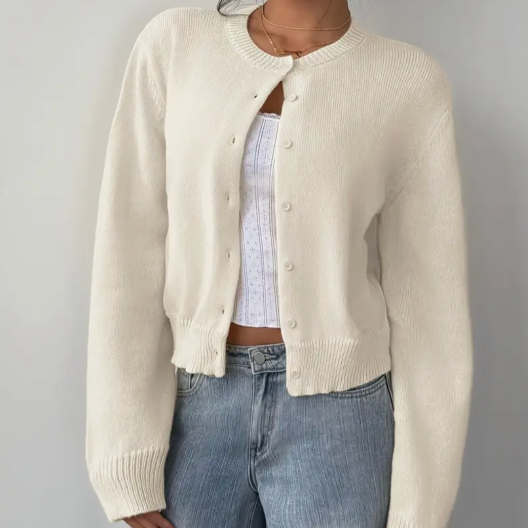 Cardigan pour femmes avec col rond Boutonnage continu Manches longues avec bords côtelés à la taille