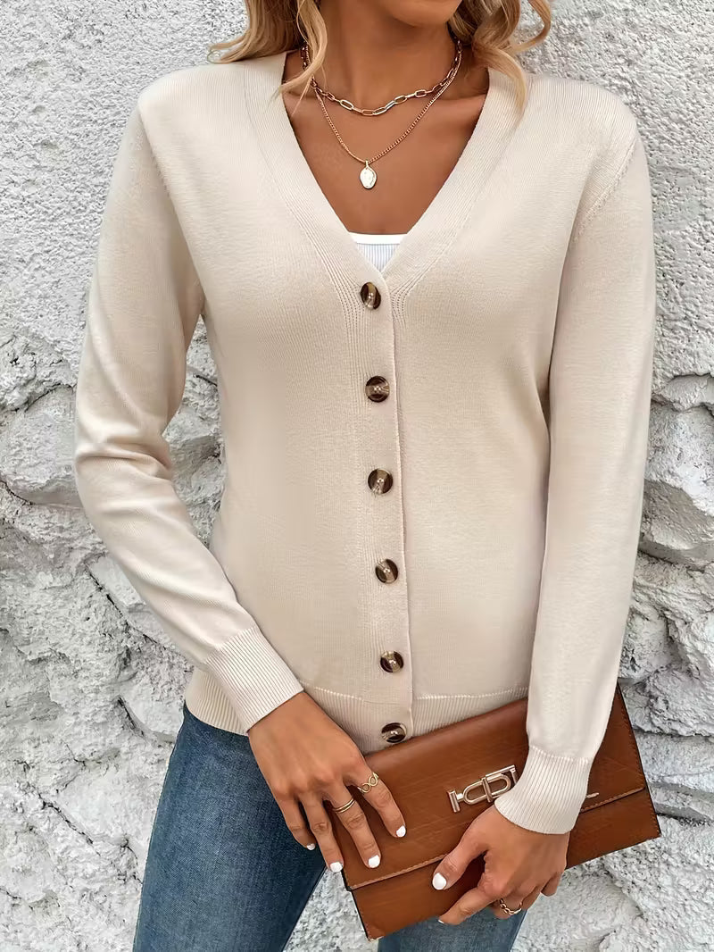 Cardigan pour femmes avec col en V, fermeture à boutons, manches longues et bords côtelés