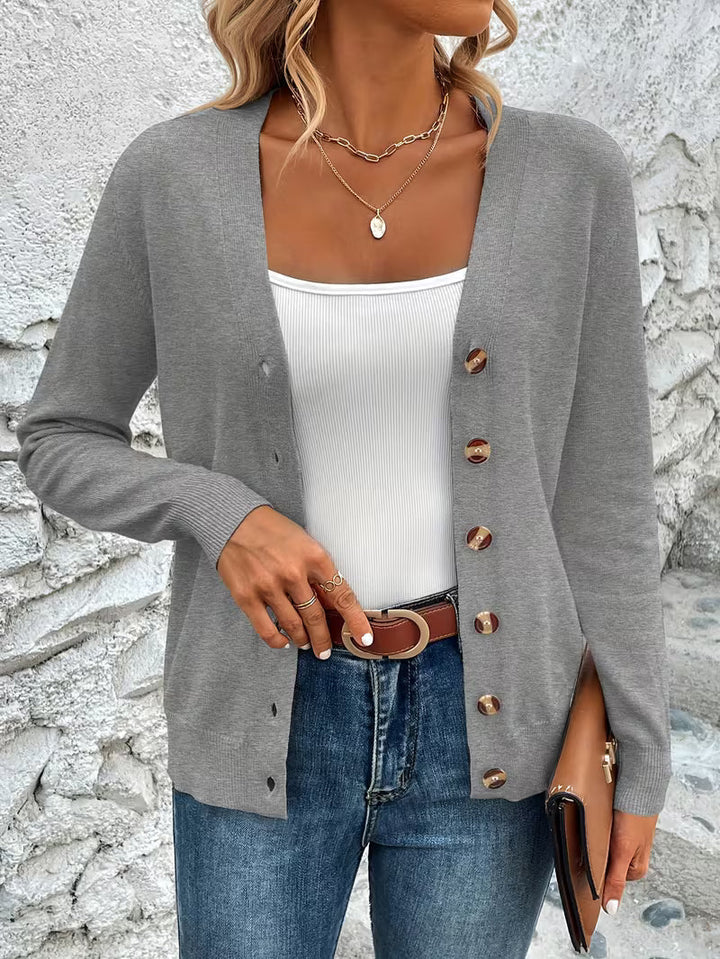 Cardigan pour femmes avec col en V, fermeture à boutons, manches longues et bords côtelés