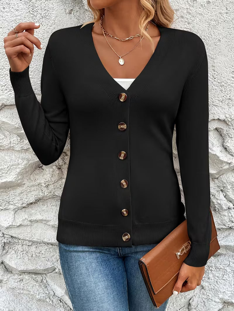 Cardigan pour femmes avec col en V, fermeture à boutons, manches longues et bords côtelés