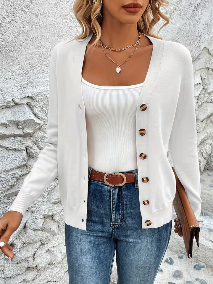 Cardigan pour femmes avec col en V, fermeture à boutons, manches longues et bords côtelés