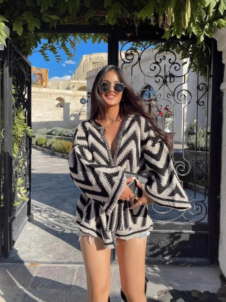 Cardigan pour femmes avec motif en zigzag et ceinture à nouer avec manches larges