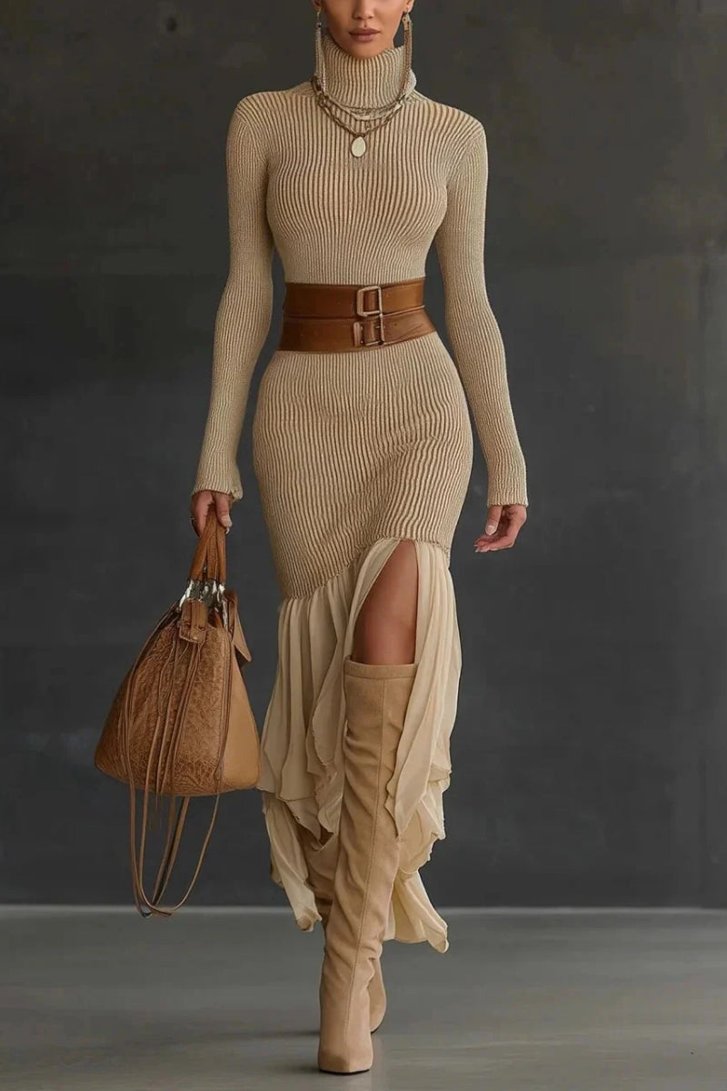 Robe en tricot pour femmes avec col roulé, manches longues, surface côtelée et bas volanté
