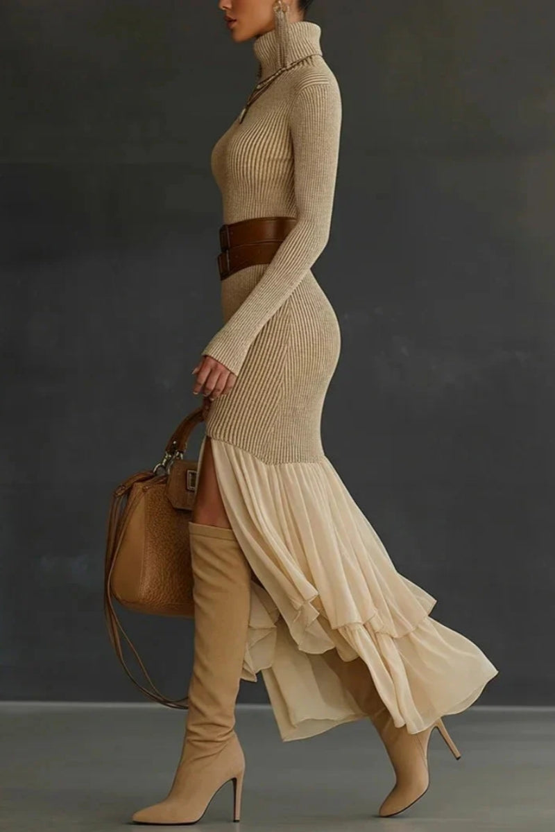 Robe en tricot pour femmes avec col roulé, manches longues, surface côtelée et bas à volants