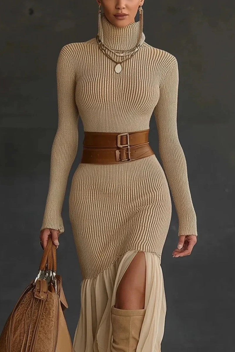 Robe en tricot pour femmes avec col roulé, manches longues, surface côtelée et bas volanté