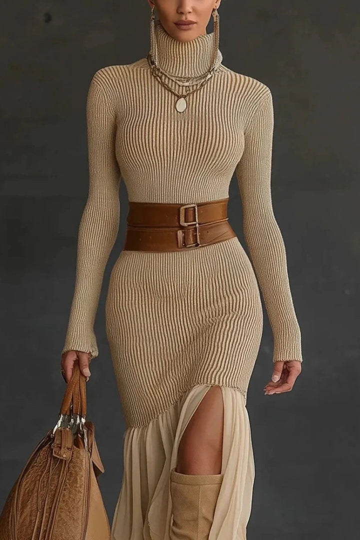 Robe en tricot pour femmes avec col roulé, manches longues, surface côtelée et bas volanté