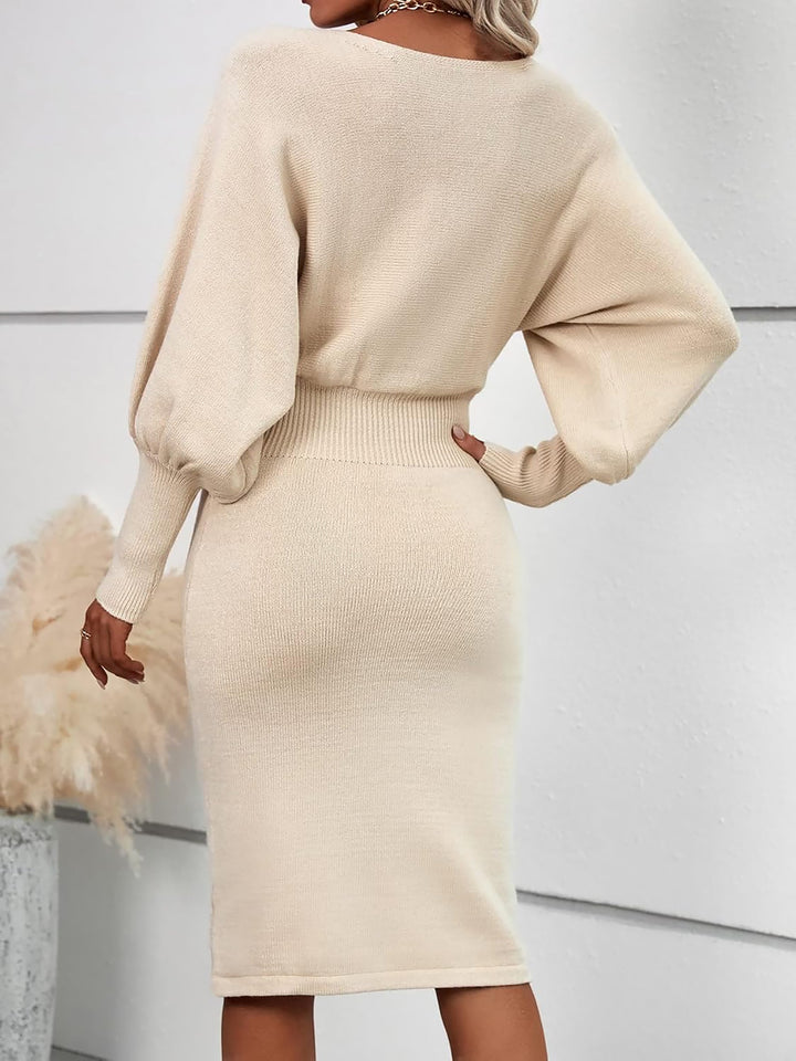Robe en tricot pour femmes avec col rond, manches ballon et longueur midi