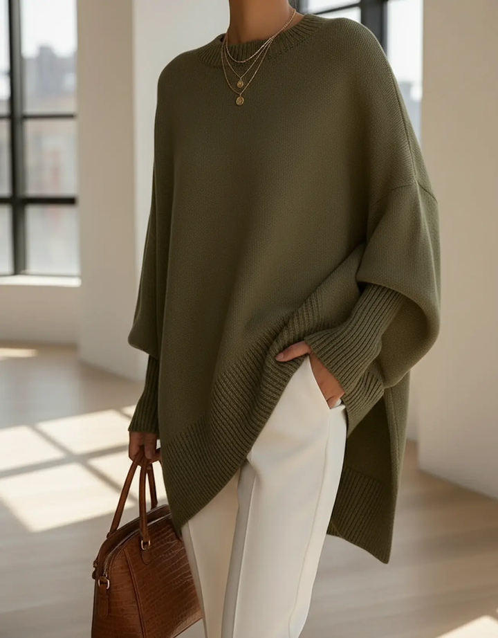 Pull en tricot pour femmes avec col rond et manches chauve-souris ainsi qu'un ourlet en côtes
