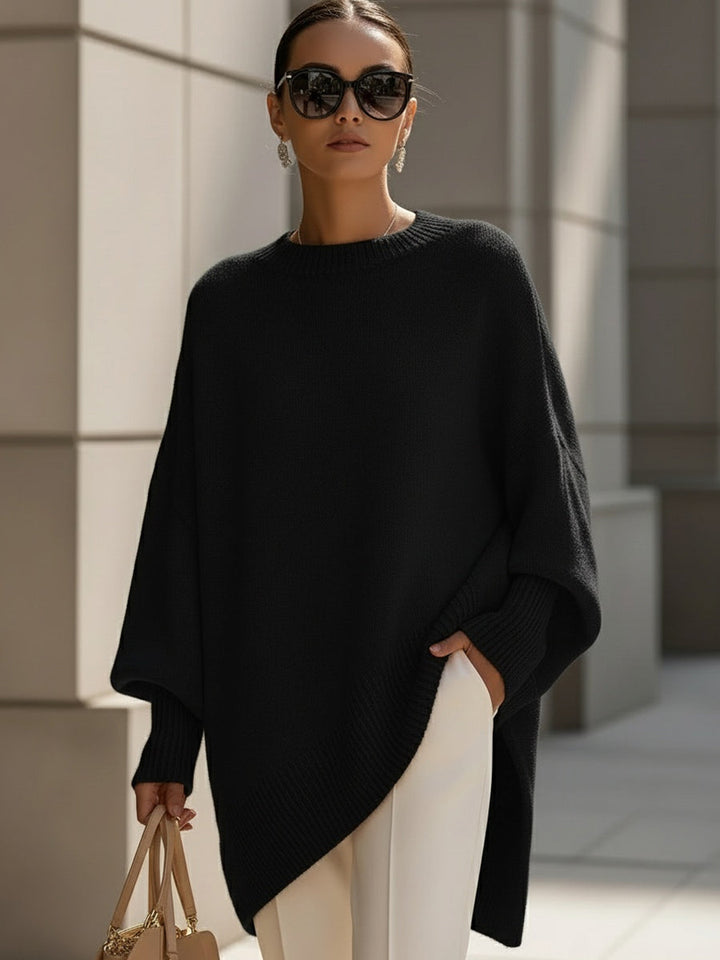 Pull en tricot pour femmes avec col rond et manches chauve-souris ainsi qu'un ourlet en côtes